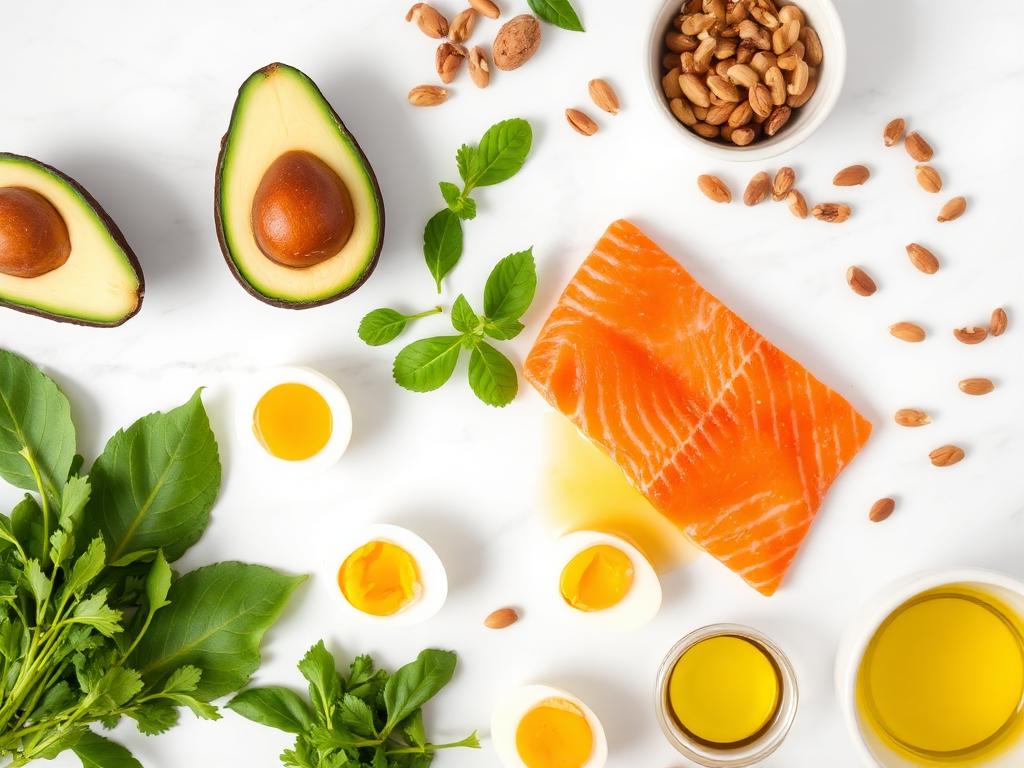 Healthy ketogenic foods including avocado, salmon, eggs and nuts
