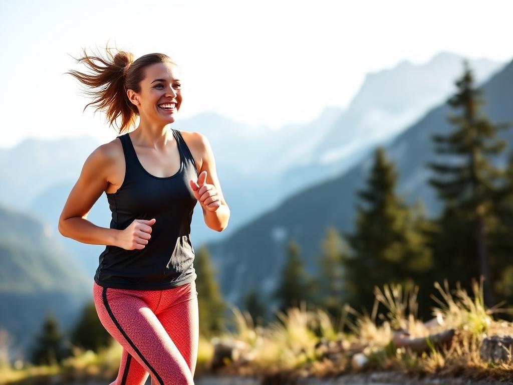 Swiss woman jogging in the alps with high energy